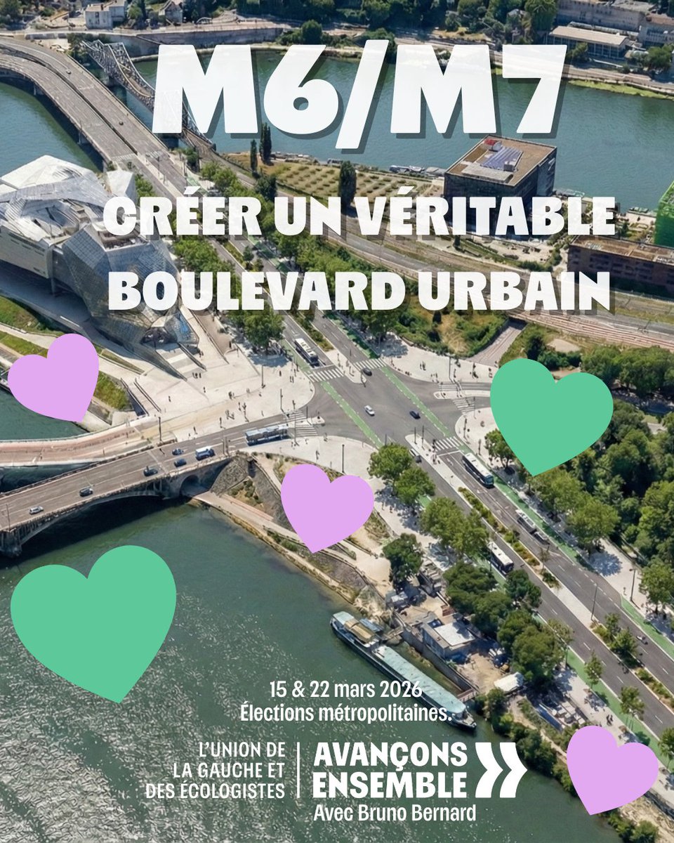 brunobernard_fr's tweet photo. Dans le prolongement de la transformation de la Rive droite du Rhône, l’axe M6/M7 doit changer de nature. Il ne peut plus rester une autoroute urbaine traversant la ville, source de nuisances, de pollution et de coupures entre les quartiers. Il faut faire de la M6/M7 un véritable boulevard urbain, pensé pour les habitants et les usages du quotidien.

Cette transformation se fera progressivement avec un calendrier lisible. 

Dès 2027, la Voie Lyonnaise 6 créera une continuité cyclable sécurisée entre le quai Gailleton et le quai Perrache. 

En 2028 et 2029, la création de nouveaux carrefours urbains, notamment à la Saulaie, permettra de réduire les vitesses, de sécuriser les traversées et d’amorcer l’apaisement de l’axe. 

Enfin, entre 2033 et 2035, l’autopont de Confluence, aujourd’hui en fin de vie, sera déconstruit pour rétablir un carrefour urbain classique.

Cette trajectoire vise un objectif simple et essentiel : réparer une fracture urbaine, améliorer la qualité de l’air, réduire le bruit et redonner de l’espace aux piétons, aux vélos et aux mobilités du quotidien. 

Un projet de long terme pour une métropole plus respirable, plus sûre et mieux partagée.