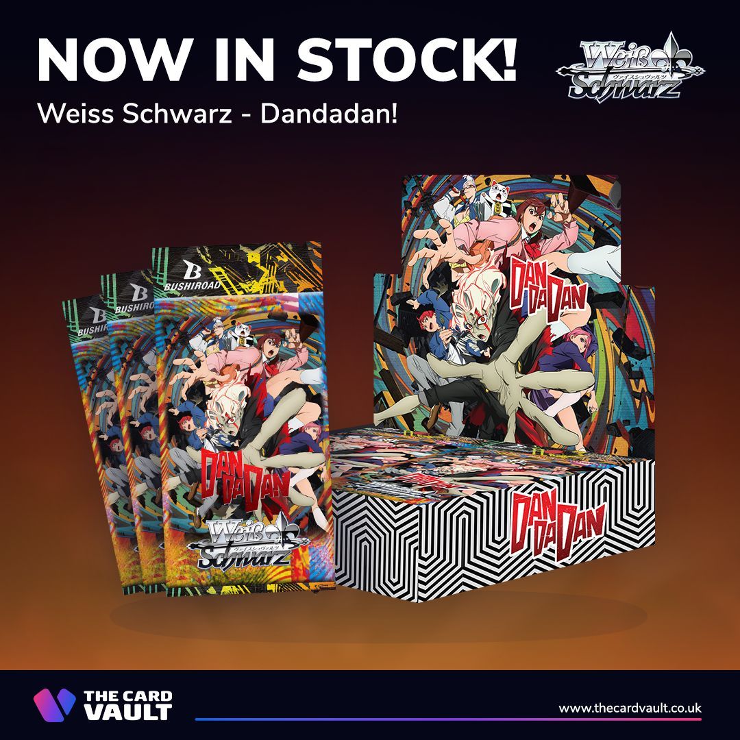 🚨 NOW IN STOCK! 🚨

The latest Weiss Schwarz set - Dandadan has arrived! Featuring newly drawn art of Momo, Okarun, Aira and Turbo Granny, plus a chance at foiled and signed cards!

Shop Now: buff.ly/GhlyAug

#TheCardVault #WeissSchwarz #Dandadan #TCG