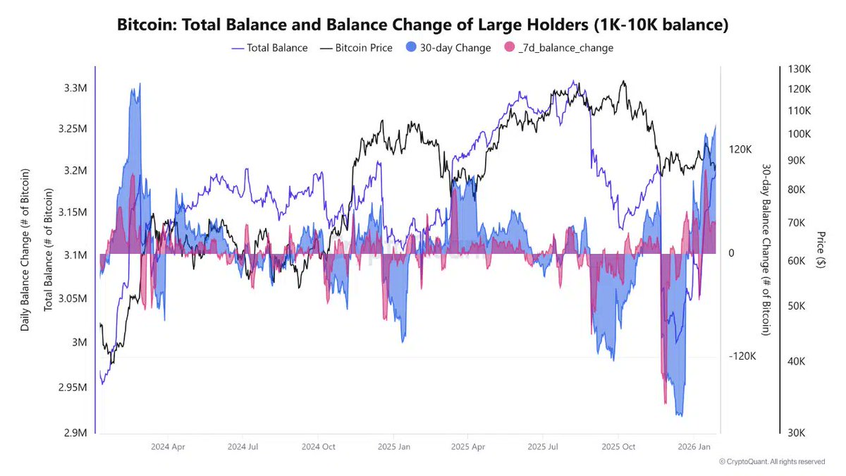 🔥LARGE HOLDERS ARE ACCUMULATING BITCOIN FOR THE LONG-TERM The 30-day  balance change is +152,000 BTC, a sharp acceleration that signals long-term  repositioning. Short-term data confirms it. The 7-day change is still + 30,000