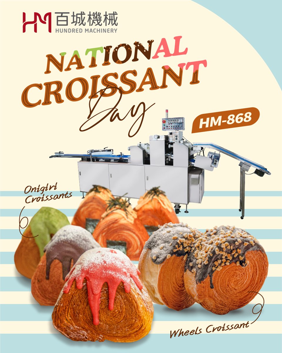 hundredmachine's tweet image. 🥐 National Croissant Day 🥐

With the HM-868 Multipurpose #BreadMachine × @sanneng_taiwan bakeware, it effortlessly produces creative shapes such as Onigiri Croissants and Wheels Croissants, while maintaining uniform appearance and artisan-quality texture.
#handcrafted