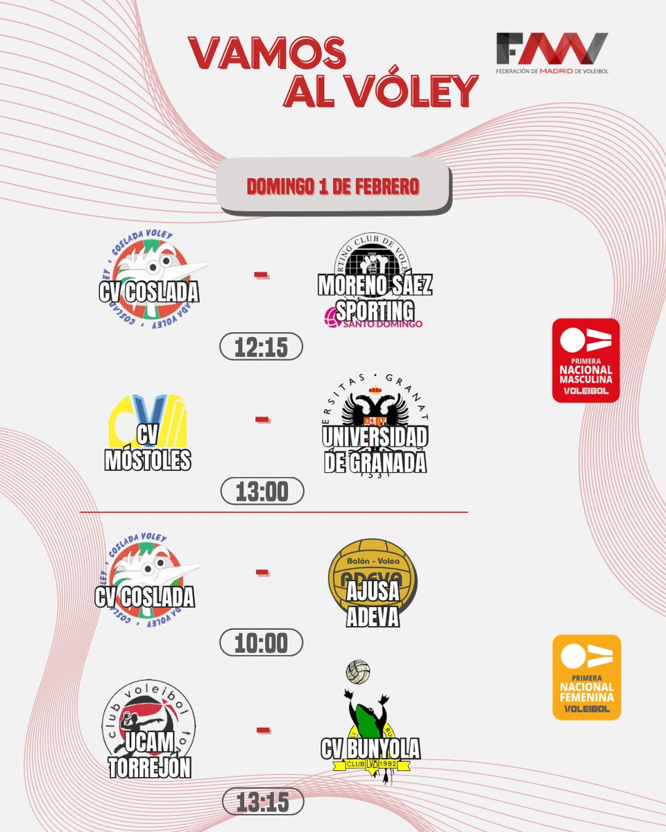 ¡Este fin de semana tenemos mucho voleibol en Madrid!

Los equipos en categorías nacionales que juegan en casa te esperan👏🏽🤩

#vamosalvóley