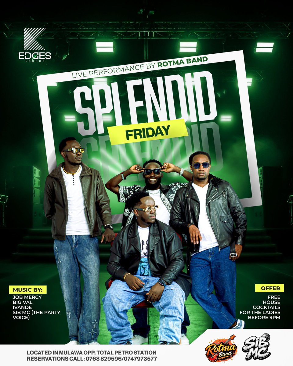 Splendid Fridays are back! 
Live on stage: ROTMA Band 
Ladies enjoy FREE house cocktails before 9PM 

📍Edges Lounge