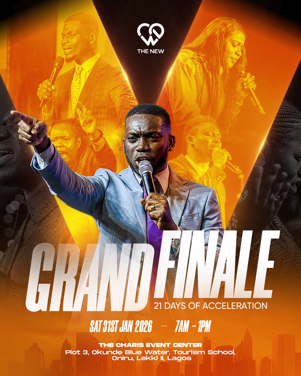 TheNew_ikeja's tweet photo. Tomorrow marks the Grand Finale of 21 Days of Acceleration!
We conclude this journey by pressing deeper into God as we accelerate into our destinies.

Be there by 7:00 AM at The Charis Event Centre, Lekki II, for 6 hours of explosive prayers. 

#21DaysOfAcceleration
#WeAreTheNew https://t.co/FhHF4tGymm