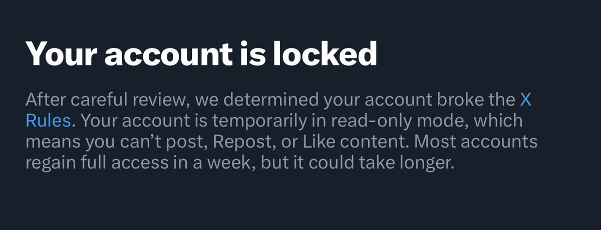 hey guys sorry for the silent and long wait. earlier this morning X locked my account for almost 12 hours and limit my access due to violating X rules. i can only read the posts and your messages but i cant post new vid, cant like, repost and even replying all texts in my inbox.
