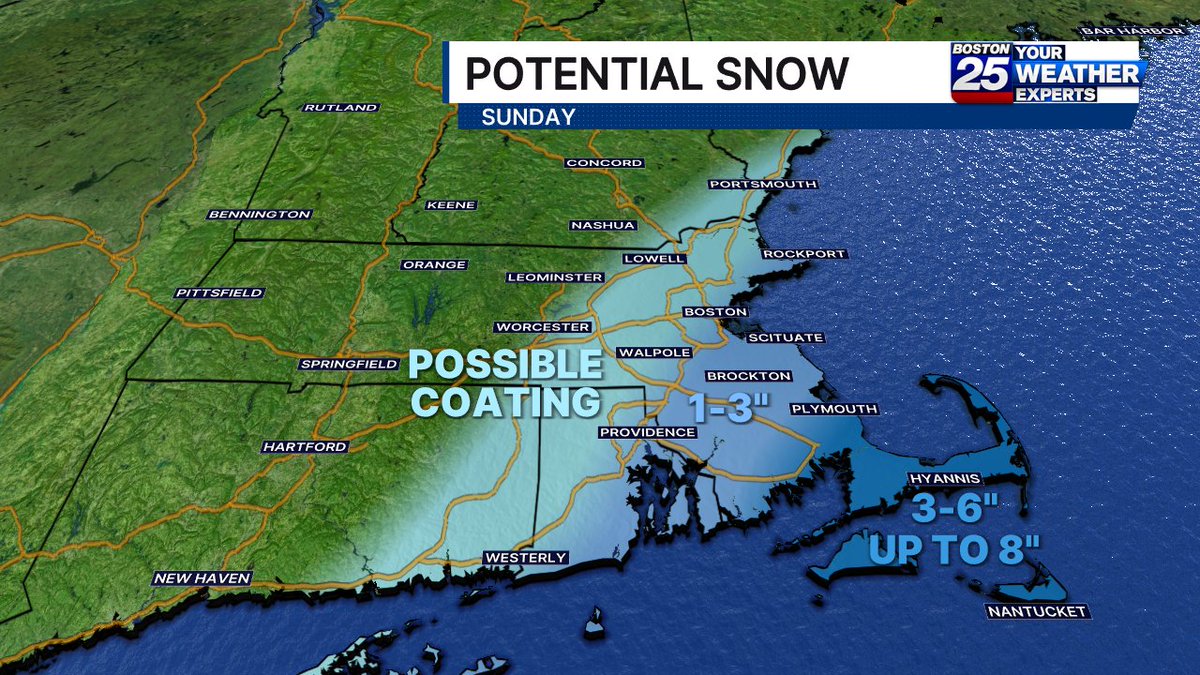 ShiriSpear's tweet image. If anything, I think the snowfall forecast may continue to drop BUT I don't want you to let your guard down north &amp;amp; west of #Boston yet (that's why I left "possible coating"). Main event will really be on #CapeCod #ACK #MVY with wind &amp;amp; snow Sunday. @boston25