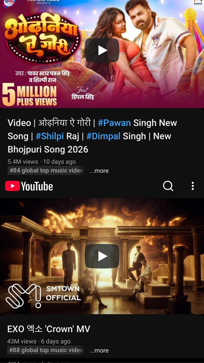 Less than 5 million views on EXO's "Crown" MV are organic. 

Despite ranking #89 on YouTube's official chart with 43M views, while another MV with just 5M views ranks #84, this suggests 88% (38M+) of EXO's views are inorganic, matching their Spotify debut.