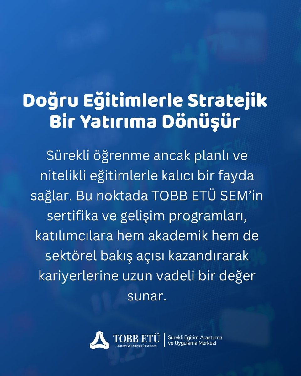 Sürekli Öğrenme Neden Kariyer Sigortasıdır?
📧sem@etu.edu.tr

📞 (312) 292 41 02 / 42 02 / 42 03

#kariyerdanışmanlığı #sertifikaprogramı #kariyerplanlama #projeyönetimi #tahvildeğerlemesi #lojistik #eticaret