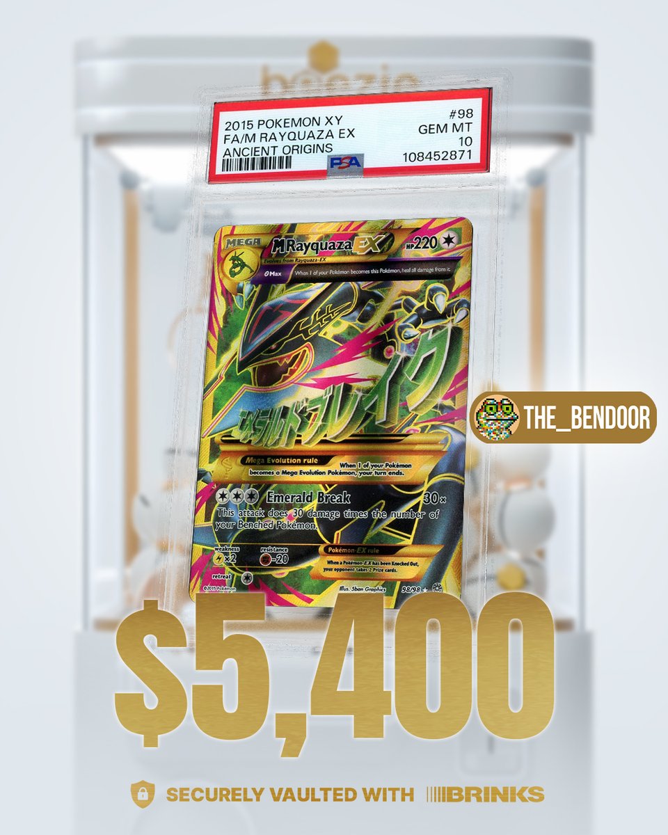 Beezie's tweet image. Gold Claw hit: 2015 Ancient Origins M Rayquaza EX

Hot take: XY Mega era gave us some of the wildest full-art designs 😮‍💨

GGs on the pull, Benddor!