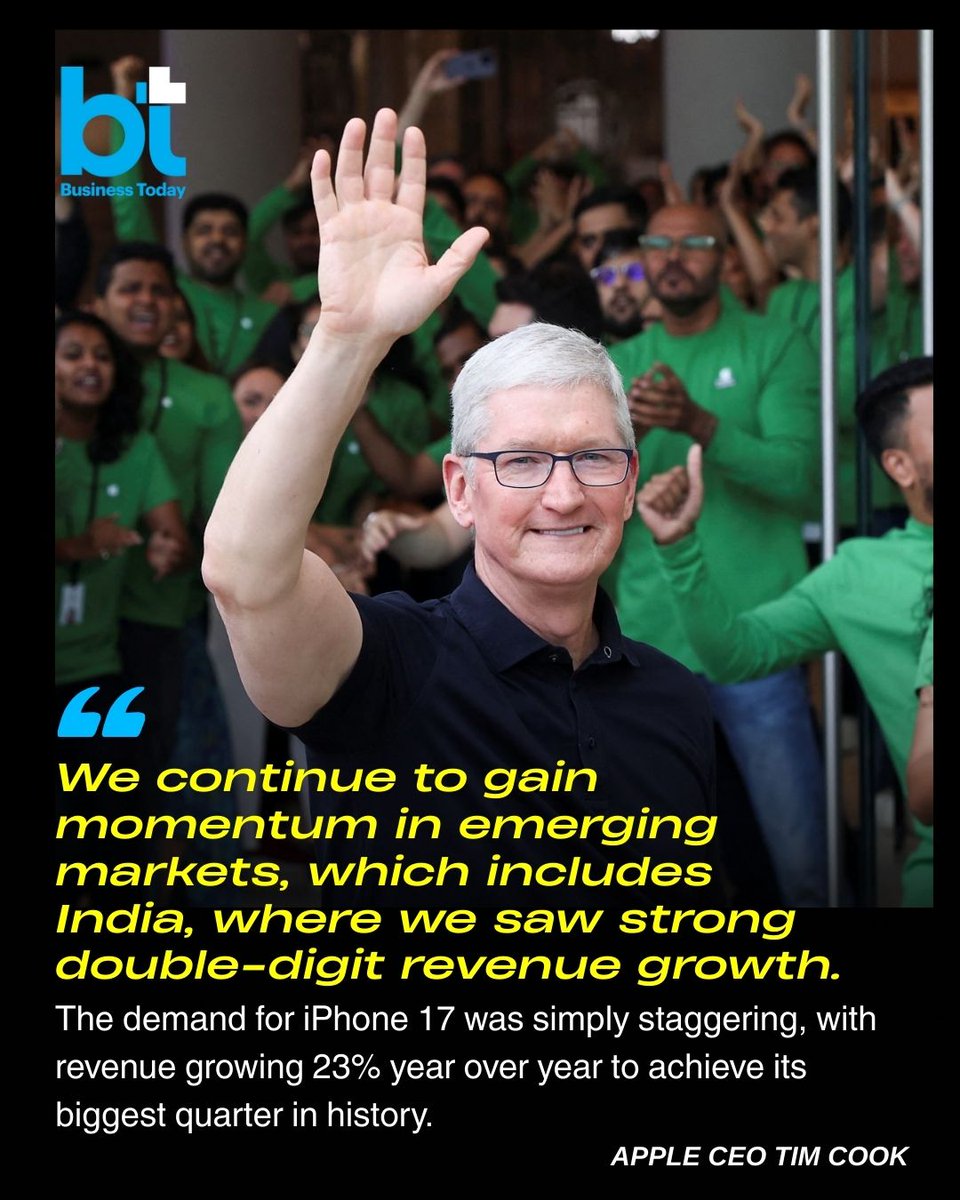 business_today's tweet image. 🚨💻 #TechToday | #Apple Inc. reported its highest-ever quarterly revenue, buoyed by strong demand for the #iPhone17 lineup in India and other emerging markets, underscoring the country’s growing importance to the company’s global growth strategy.

➡️ Revenue for the quarter