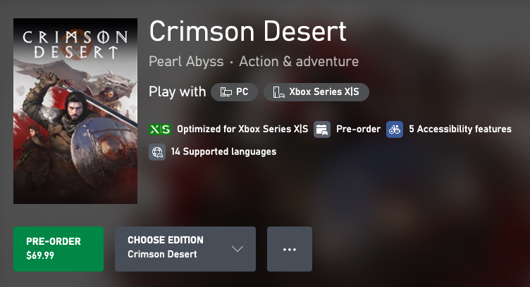 redphx's tweet photo. Crimson Desert on Xbox will include the PC version (no #XboxPlayAnywhere tag yet)

https://t.co/z6MjtxpSgR https://t.co/4zyMR6aGch