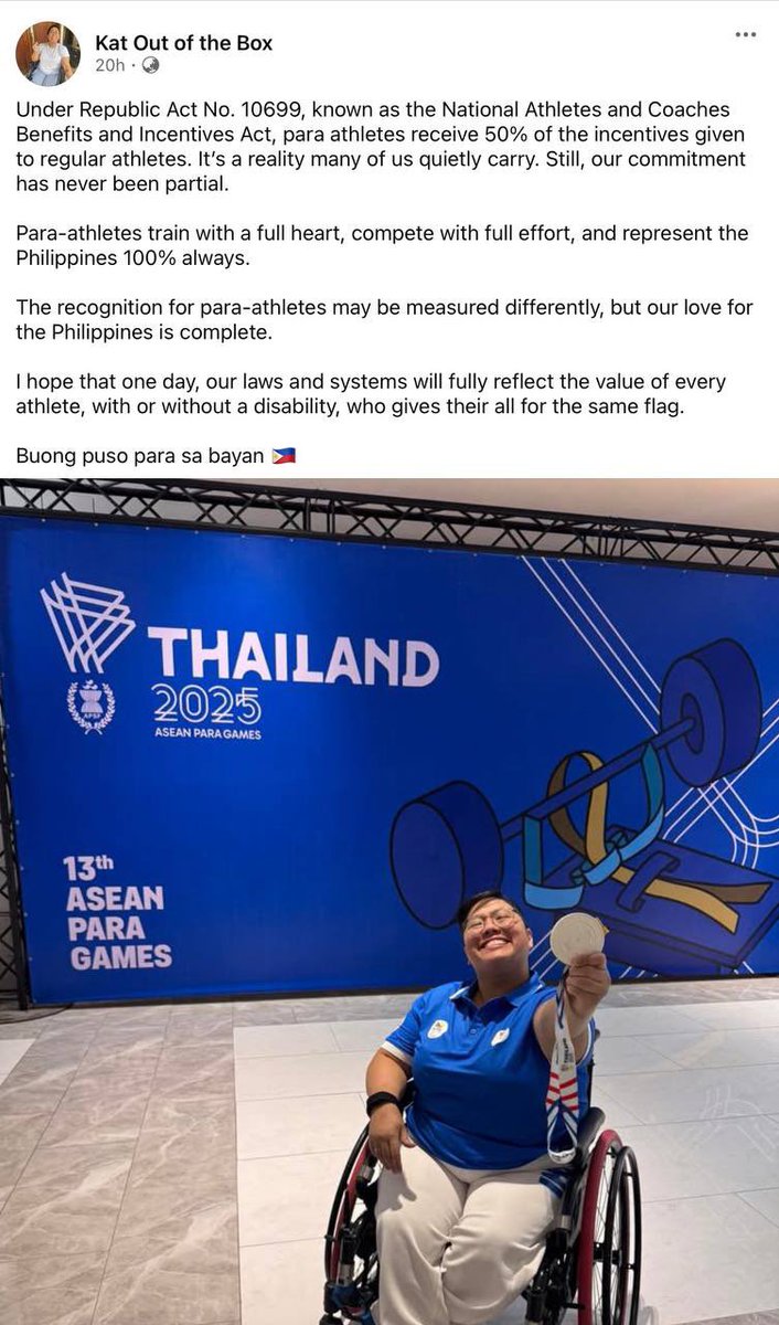 PerciCen's tweet image. Ganito ba talaga? Nakakalungkot naman ang kalagayan ng ating pinoy para-athletes.

Buo dapat ang respeto at pagkilala sa kanilang tagumpay kaya buo nating ibigay ang benepisyo para sa ating mga para-athletes. 💯