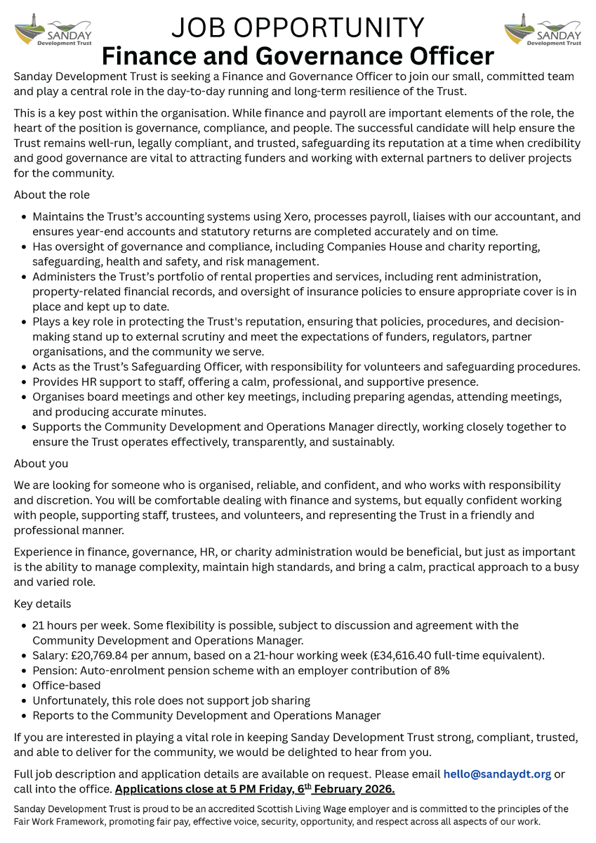 SandayDT's tweet photo. You can also find a copy of this advert in the Trust Times. Full job description and application details are available on request. Please email hello@sandaydt.org or call into the office. Applications close at 5 PM Friday, 6th February 2026. https://t.co/SraJGqNsZB