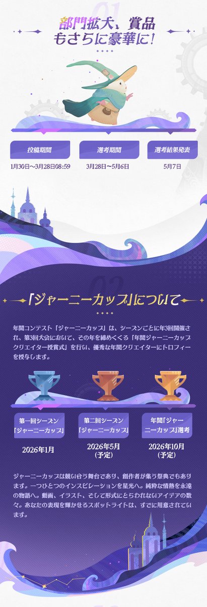 AFK_Journey_JP's tweet photo. 「シーズン」「ジャーニーカップ」コンテスト開催！🔥
同人・動画・領地の3部門に応募可能、報酬もより豪華に！是非ご参加ください！
🔗https://t.co/VyTETh2aDB
【📅イベント期間】
• 投稿期間：1月30日～3月28日08:59
• 選考期間：3月28日～5月6日
• 選考結果発表：5月7日

#AFKジャーニー #領地経営