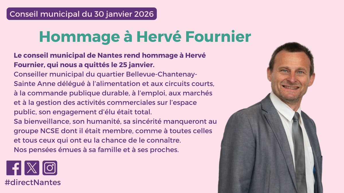 ElusNCSE's tweet photo. En ouverture de ce dernier Conseil municipal de la mandature, @Johanna_Rolland et l'ensemble des élus ont rendu hommage à Hervé Fournier. Un homme et un élu d'une élégance et d'une humilité rares, qui a œuvré sans compter, dans ses délégations, pour Nantes et les Nantais. https://t.co/SjU3TjyhZF