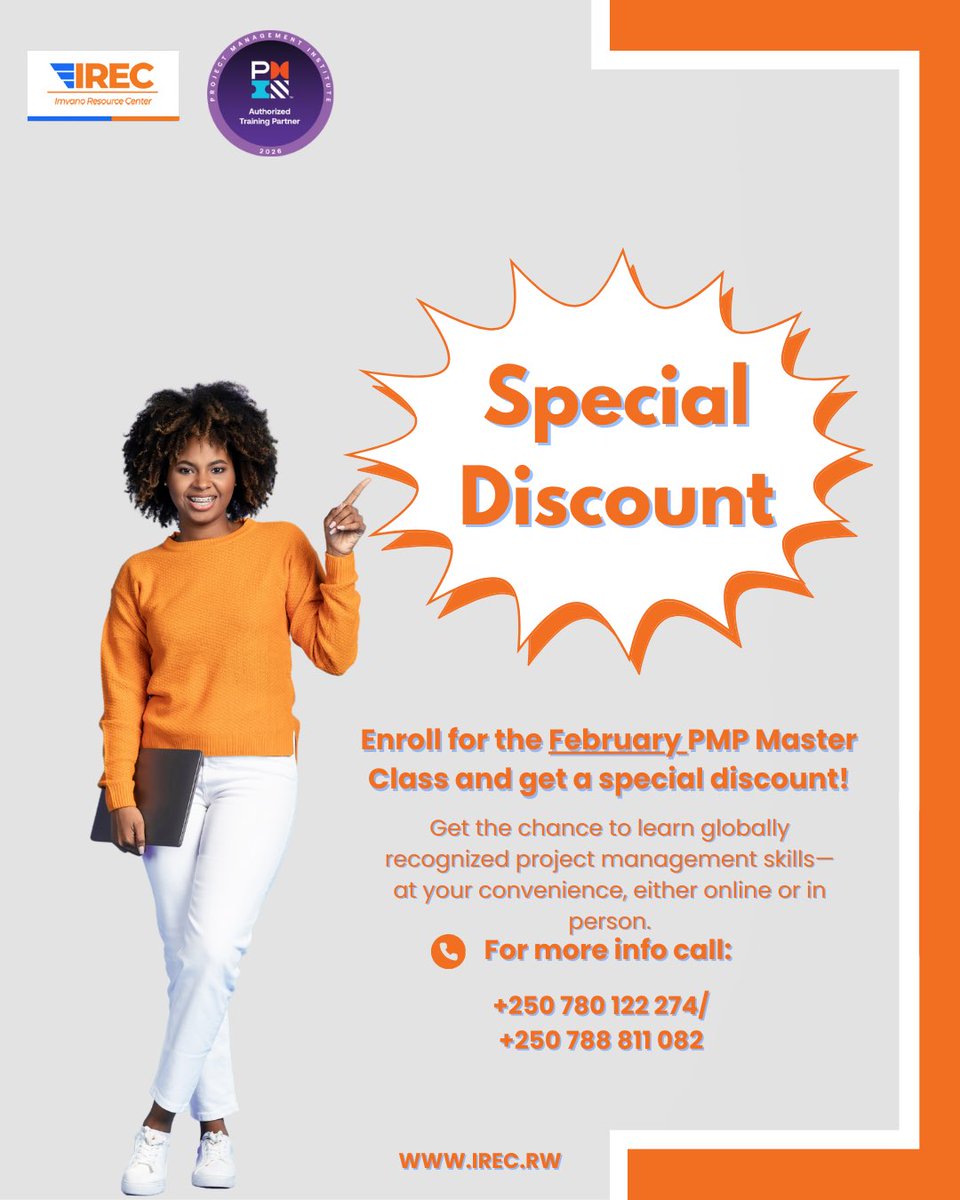 BIG news for future PMPs! 

We have a special discount for February PMP Masterclass. 

Don’t miss this chance to learn with expert guidance, real-world project scenarios, and a structure built for success at your convenience.

Wait no more! Call us to register: +250788801112.