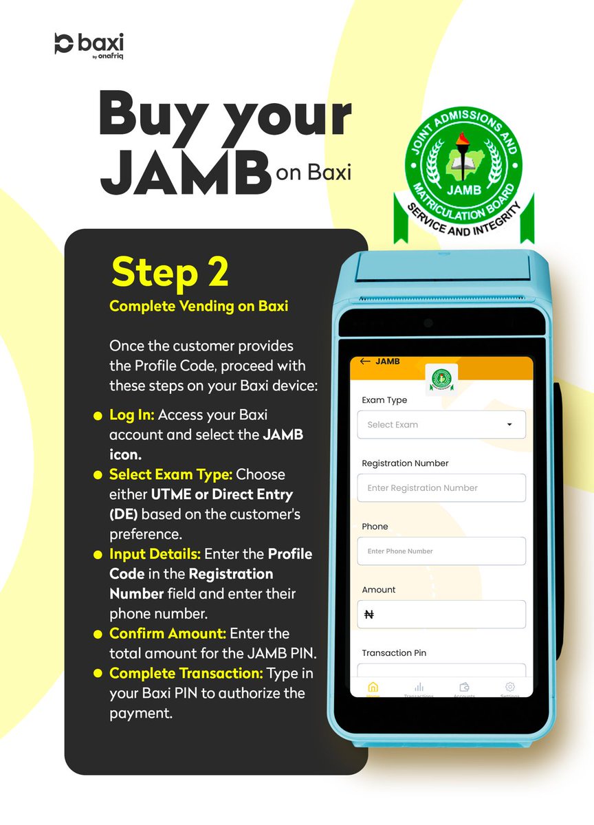 JAMB season is here 🎓

Students are rushing for UTME and Direct Entry PINs, and Baxi agents are cashing in. 

Vend JAMB PINs easily on Baxi, serve students faster, and earn commissions with every successful transaction. 

One season, many customers, steady income.

Here is how!