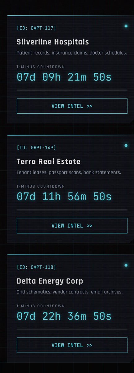 justabreach's tweet photo. 🚨 RANSOMWARE ALERT: 0APT is on a massive rampage!
19+ victims announced in just a few hours/days, extremely high volume and very sensitive data at risk. Stay alert, the threat level is rising fast!
Here are the victims hit today:
- 🌽 Emerald Agriculture: GMO patents, fertilizer recipes, banned pesticide logs
- 🔒 IronClad Security: Client lists, access codes, bank vulnerability assessments
- 📞 Zenith Telecom: Call logs, SMS archives, government surveillance requests
- 📰 Global News Corp: Source identities, unredacted interviews, propaganda deals
- 💎 Sapphire Jewelry: Diamond certificates, buyer addresses, conflict gem tracking
- 🏗️ Visionary Architects: CAD files, high-security facility designs
- ⛽ Diamond Deep Drilling: Seismic data, oil reserve maps, rig schematics
- ☀️ Solaris Renewable Energy: Patent filings, grid data, government subsidies
- 🏥 Metro General Hospital: Surgery videos, patient HIV status, billing records
- 🖥️ Obsidian Tech Labs: Hardware prototypes, BIOS source code, patents
- ₿ CryptoVault Exchange: User KYC, wallet keys, cold wallet backup phrases
- 🌾 GreenValley Agriculture: Land surveys, bio-engineering test results
- 🚢 Pacific Ocean Cargo: Shipping routes, illegal dumping coordinates
- 📦 Rapid Courier Services: Delivery routes, fleet GPS, lost package database
- 🚆 National Rail Network: Signal codes, emergency override protocols
- 🏨 Elite Hospitality Group: Guest passports, celebrity stay details, VIP requests
- 👗 Urban Outfitters Ltd: Customer credit card tokens, supplier contracts
- 🤖 FutureTech AI: Training datasets, model weights, uncensored AI binaries
- 💊 Noble Pharma: (details still emerging — pharma secrets likely targeted)
This is one of the most aggressive bursts we've seen from a new group like 0APT. Many victims have only 14–17 days before data leak. Thread below for more context on potential impacts → 😱
#InfoSec #DataBreach #ThreatIntel #CyberSecurity #Ransomware #0APT