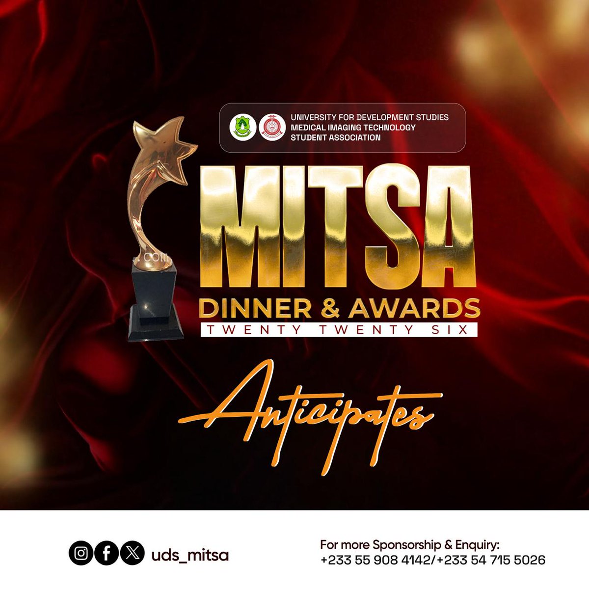 uds_mitsa's tweet photo. ✨🔥 The spotlight is on EXCELLENCE! 🔥✨
MITSA Dinner &amp; Awards 2026 is set to dazzle — a night of glamour, recognition, and unforgettable moments.
Anticipate the magic 🏆🌟 https://t.co/CVsgAhYivY