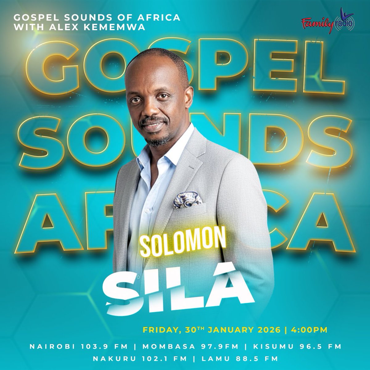 Solomon Sila will be on Gospel Sounds of Africa this evening for an exclusive interview with Alex.

Tune in from 4:00pm to 6:00pm for this exciting show.

Don’t Miss!

#GospelSoundsofAfrica #FamilyRadio