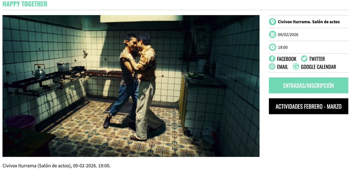 Continuan las proyecciones de #QueerZinema con nuevos títulos en el Civivox Iturrama de Pamplona. Las próximas semanas veremos y debatiremos sobre  maravillas como "Happy Together", "Lemebel", "80 Egunean" y "Vestida de azul".
pamplonaescultura.es/programas/quee…