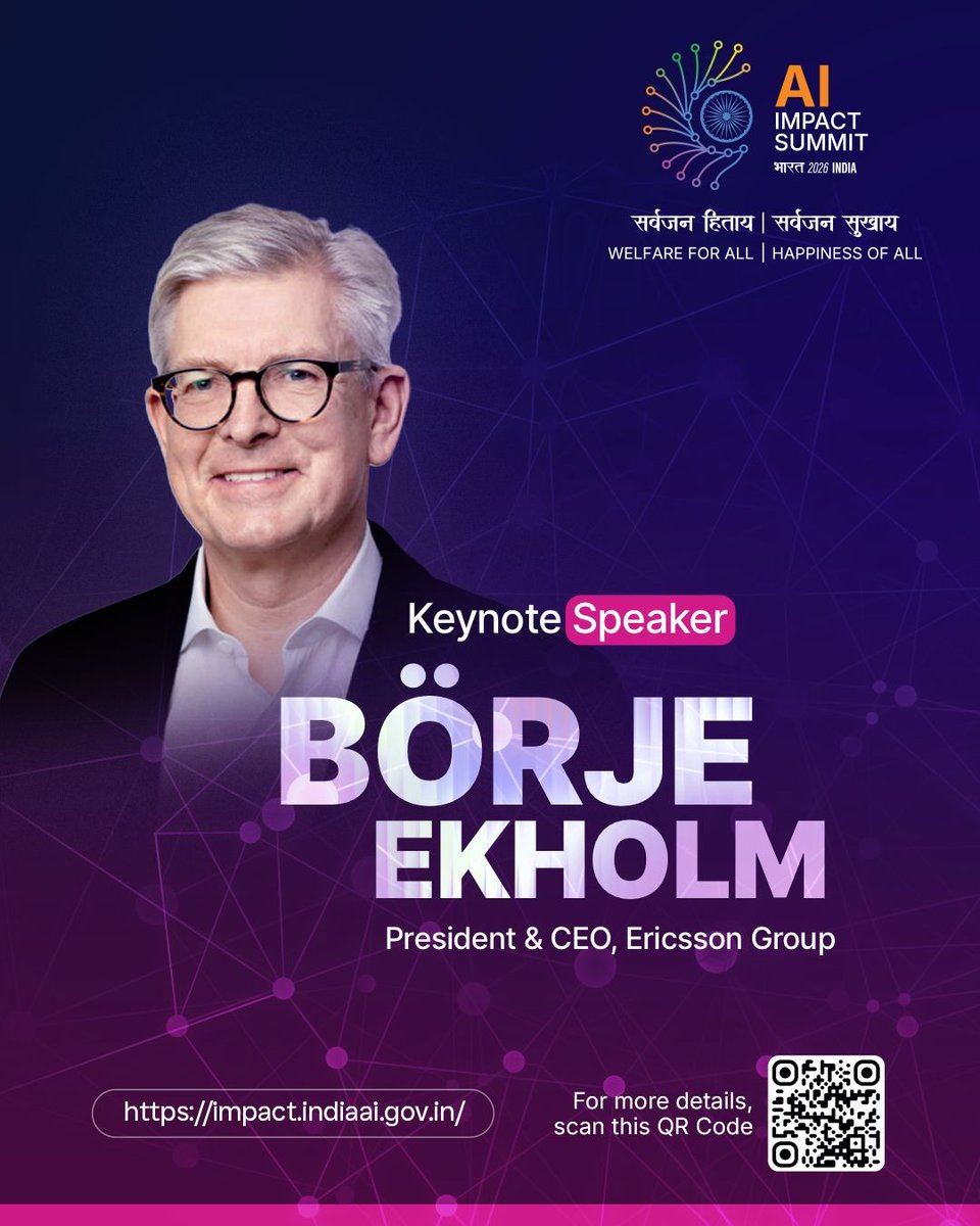 GoI_MeitY's tweet photo. Speaker Reveal | India AI Impact Summit 2026
We’re pleased to announce Börje Ekholm, President &amp; CEO, Ericsson Group, as a Keynote Speaker at the India AI Impact Summit 2026. https://t.co/uVE9Ov8cVW