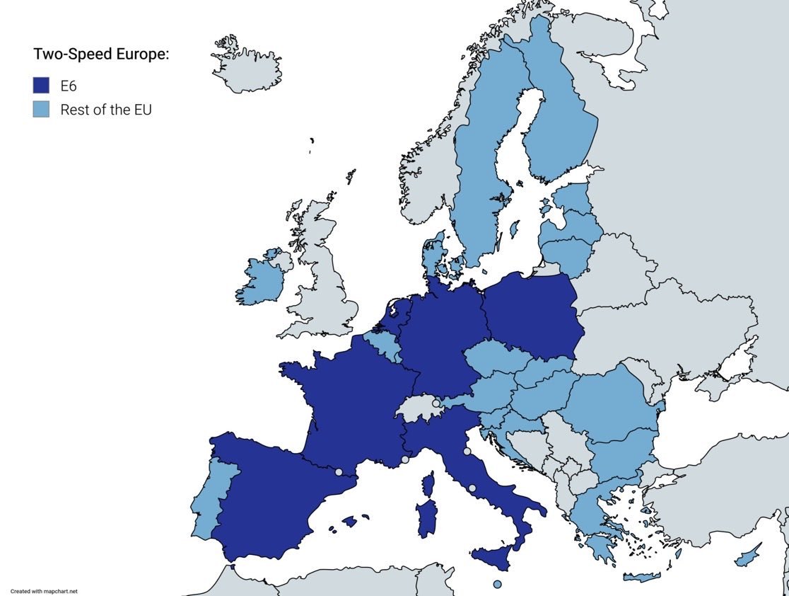 Německý ministr financí (za socany) si vymyslel "dvourychlostní" Evropu pro 6 velkých unijních zemí a čeští eurohujeři mají meltdown z toho, že nejsme dost proevropští a nebyli jsme pozváni.
Ano, napsal tam velké země co do populace a HDP, čili týká se to DE, FR, ES, IT, NL a PL.