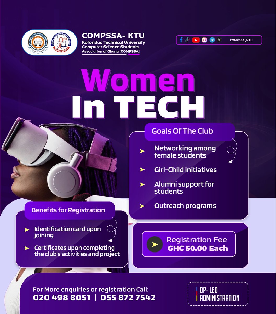 Hey girl 💖 have you joined Women in Tech club yet?
Come vibe with other ladies in the department, learn tech skills, support girl child initiatives, and connect with amazing alumni.
#WomenEmpowerment 
#womwnintech 
Contact 0558727542 For more information 

DP-LED ADMINISTRATION