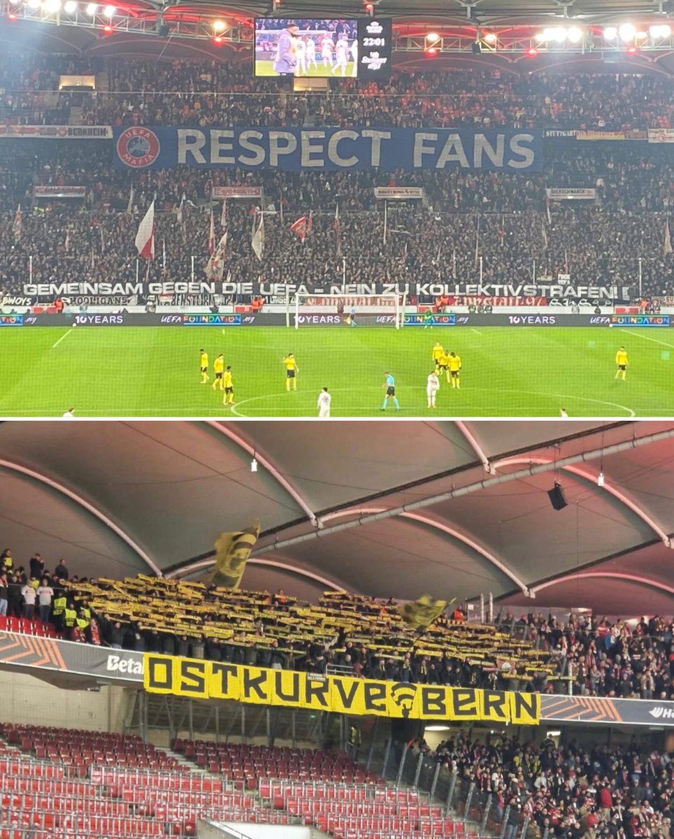 Due to the penalty imposed by UEFA, Young Boys fans were banned from traveling to the away match last night and their stand was left empty. Stuttgart fans showed their support to them.

Stuttgart ultras organized tickets and made space in the stadium for BSC Young Boys fans in