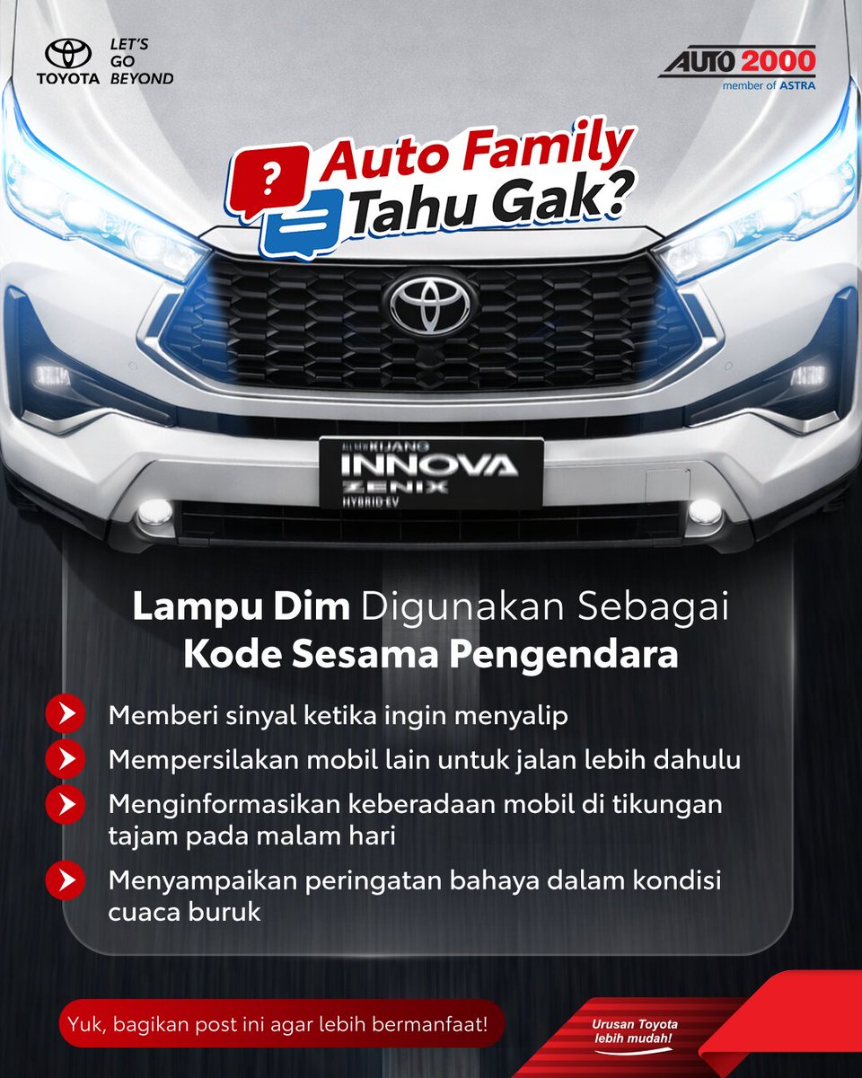 AUTO2000ID_'s tweet photo. Selain klakson, AutoFamily juga bisa memberikan kode lewat lampu dim lho!
Cara ini sering dilakukan oleh pengendara mobil untuk berkomunikasi.
Yuk, bagikan konten ini ke orang terdekat AutoFamily yang sedang belajar berkendara! ๐
#AUTO2000 #AUTO2000ID #AUTOGASPOOOL https://t.co/VRn6pBuEoS