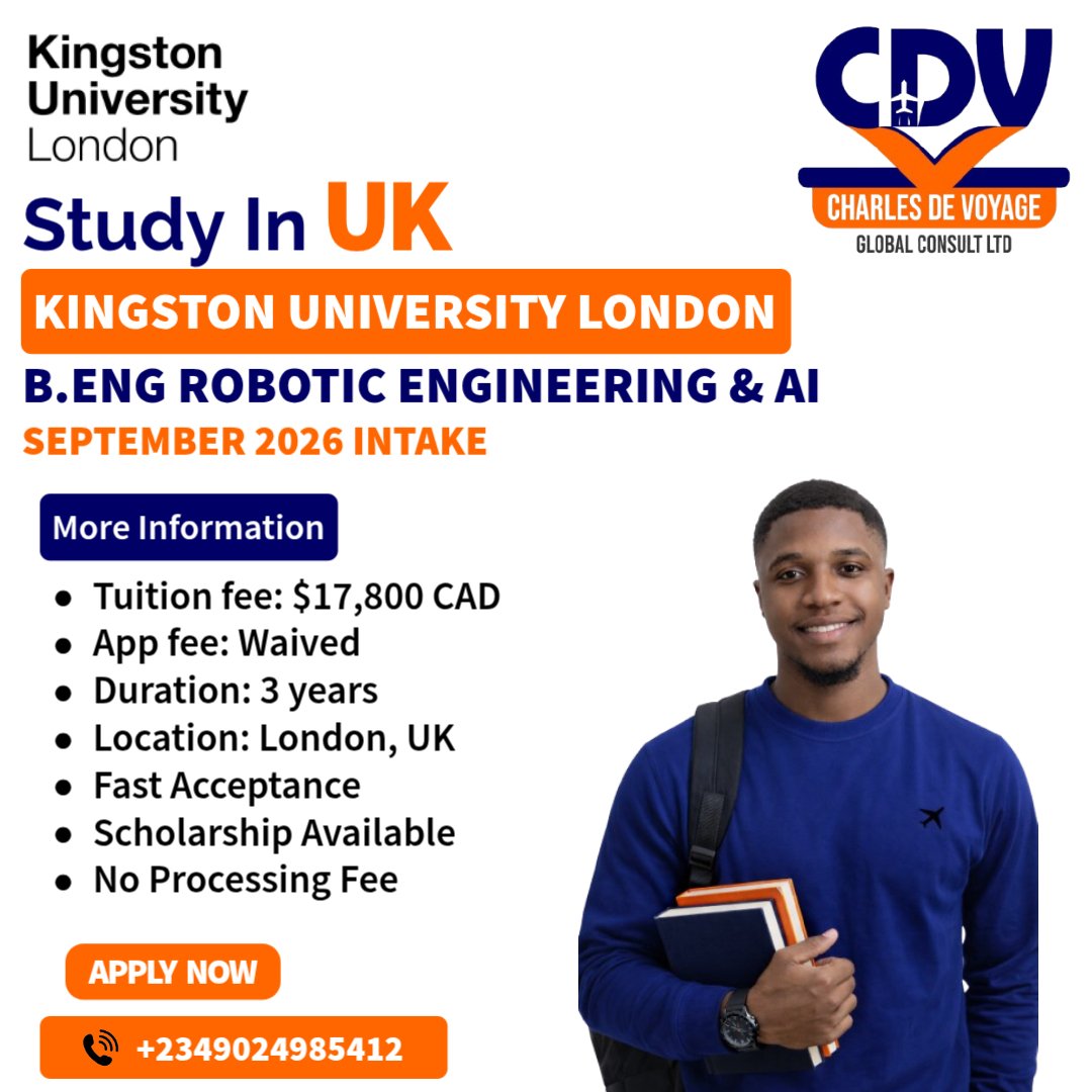 Charlesdevoyage's tweet photo. Study Bachelor of Engineering (BEng) in Robotic Engineering &amp; Artificial Intelligence at Kingston University, London, a 3-year high-end technology degree designed for the next generation of innovators.

#StudyInLondon #RoboticsEngineering #STEMCareers  #CharlesDeVoyage #Fyp https://t.co/GZnyVAbSsy