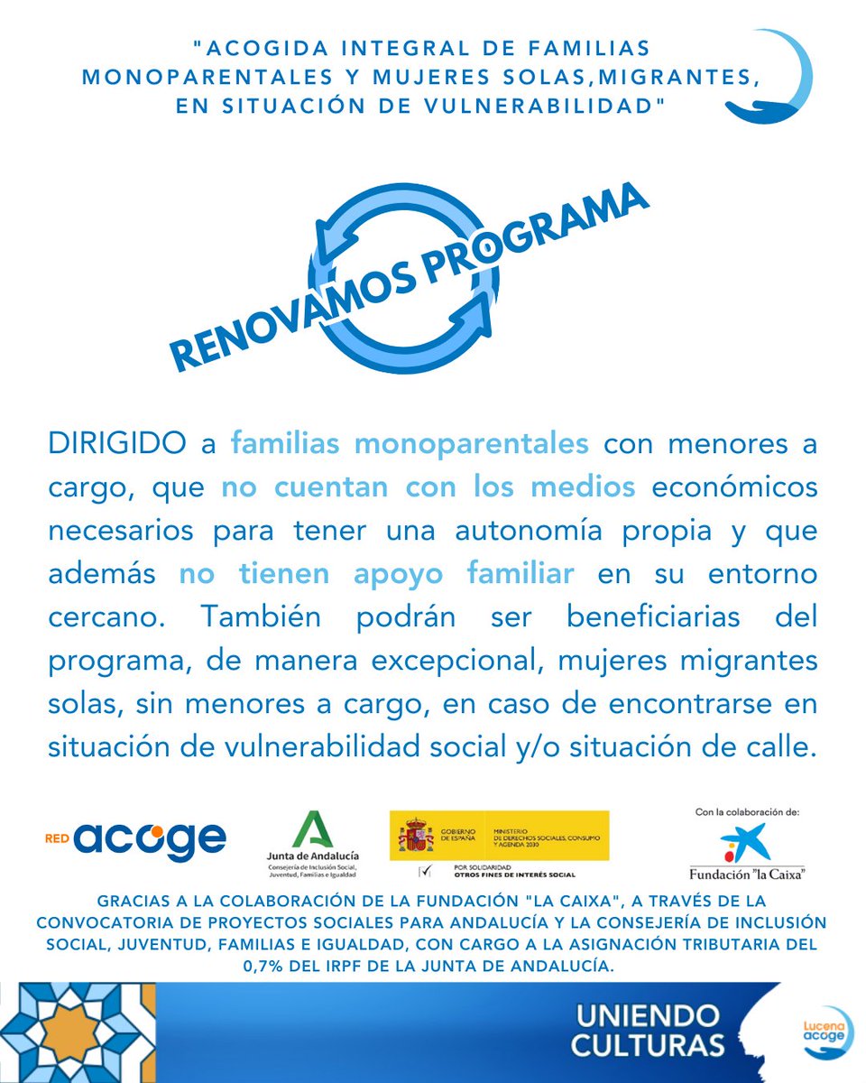 ¡Renovamos el programa de Acogida integral de familias monoparentales y mujeres solas, migrantes, en situación de vulnerabilidad!

+INFO instagram.com/p/DUIN93pgt93/… 

<a href="/REDACOGE/">Red Acoge</a> 
<a href="/FundlaCaixa/">Fundación ”la Caixa”</a> 
<a href="/IgualdadAND/">Inclusión Social, Juventud, Familias e Igualdad</a>