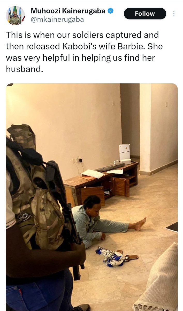 HEBobiwine's tweet image. Here is a picture of my wife shared by Museveni’s son and head of our nation's military, Muhoozi Kainerugaba. 

When soldiers on his orders raided our home, they made her to sit down, put her on gunpoint to reveal her phone passwords and my whereabouts, assaulted her, and…