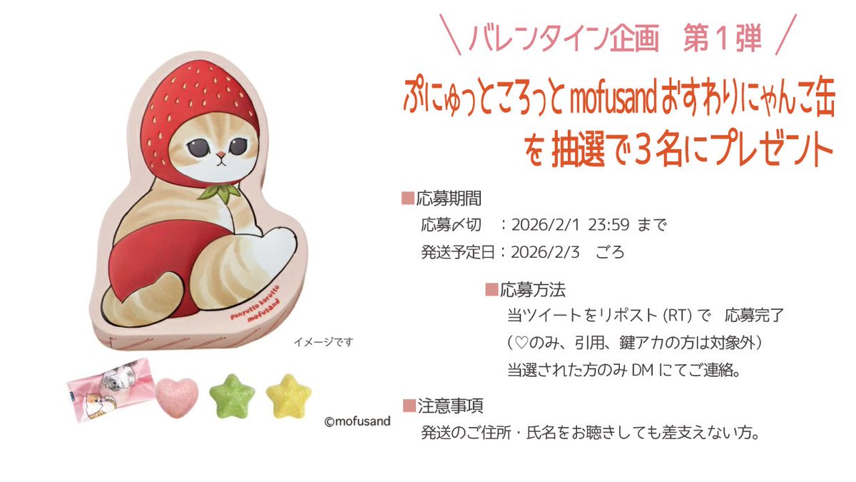 mofu_sand's tweet image. 【あなたにチョコを贈りたい企画】
新宿京王百貨店（7階）にて買ってきました！
おすわりにゃんこ缶を抽選にて3名にプレゼント🎁✨

💝応募方法💝
この投稿をリポスト
締切は2/1

詳しくは画像のご確認を〜。

＜宣伝＞
ぷにゅっと ころっと mofusandは
楽天などで販売中です✨…