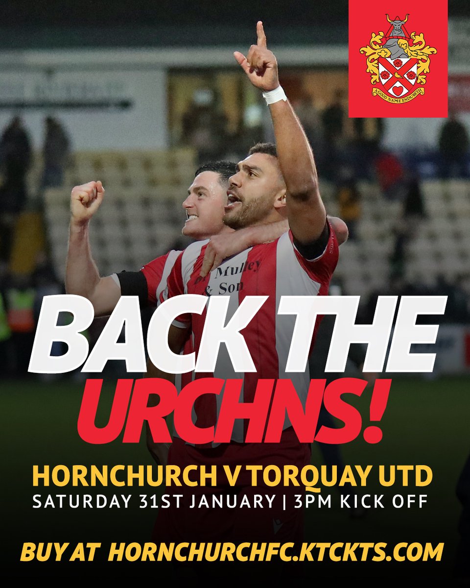 𝘽𝙖𝙘𝙠 𝙩𝙝𝙚 𝙐𝙧𝙘𝙝𝙞𝙣𝙨 👇

We need your support Saturday. Get behind the Urchins as we host Torquay United!

🔗 hornchurchfc.ktckts.com/event/hch2526n…