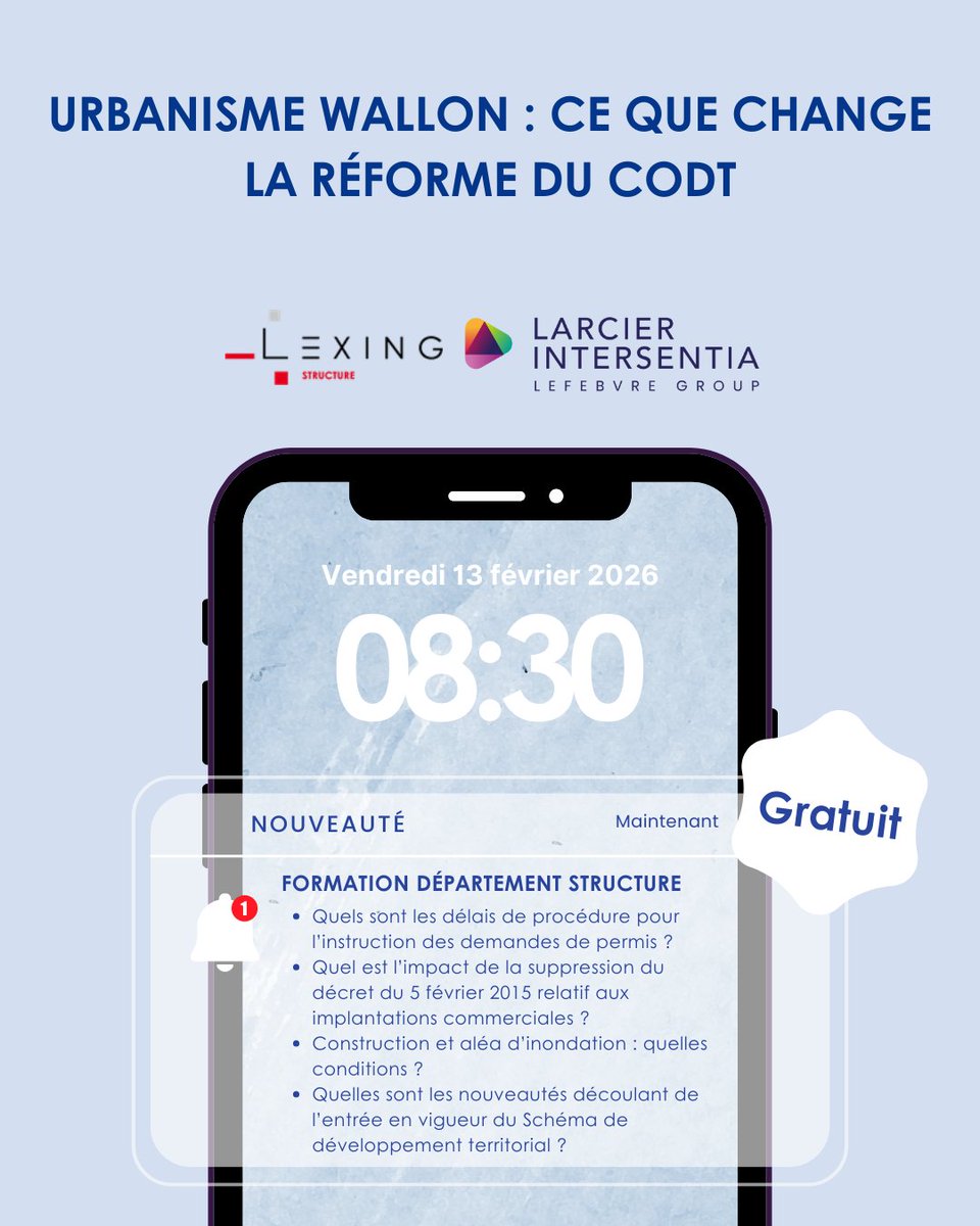 #earlegal  📅 Le vendredi 13 février 2026, Nicolas DUCHATELET et Alexandre PIERARD présenteront un webinaire matinal pour expliquer ce que change la réforme du CoDT en urbanisme.
Plus d'informations et inscriptions sur notre site 👉 swll.to/VytRz3i