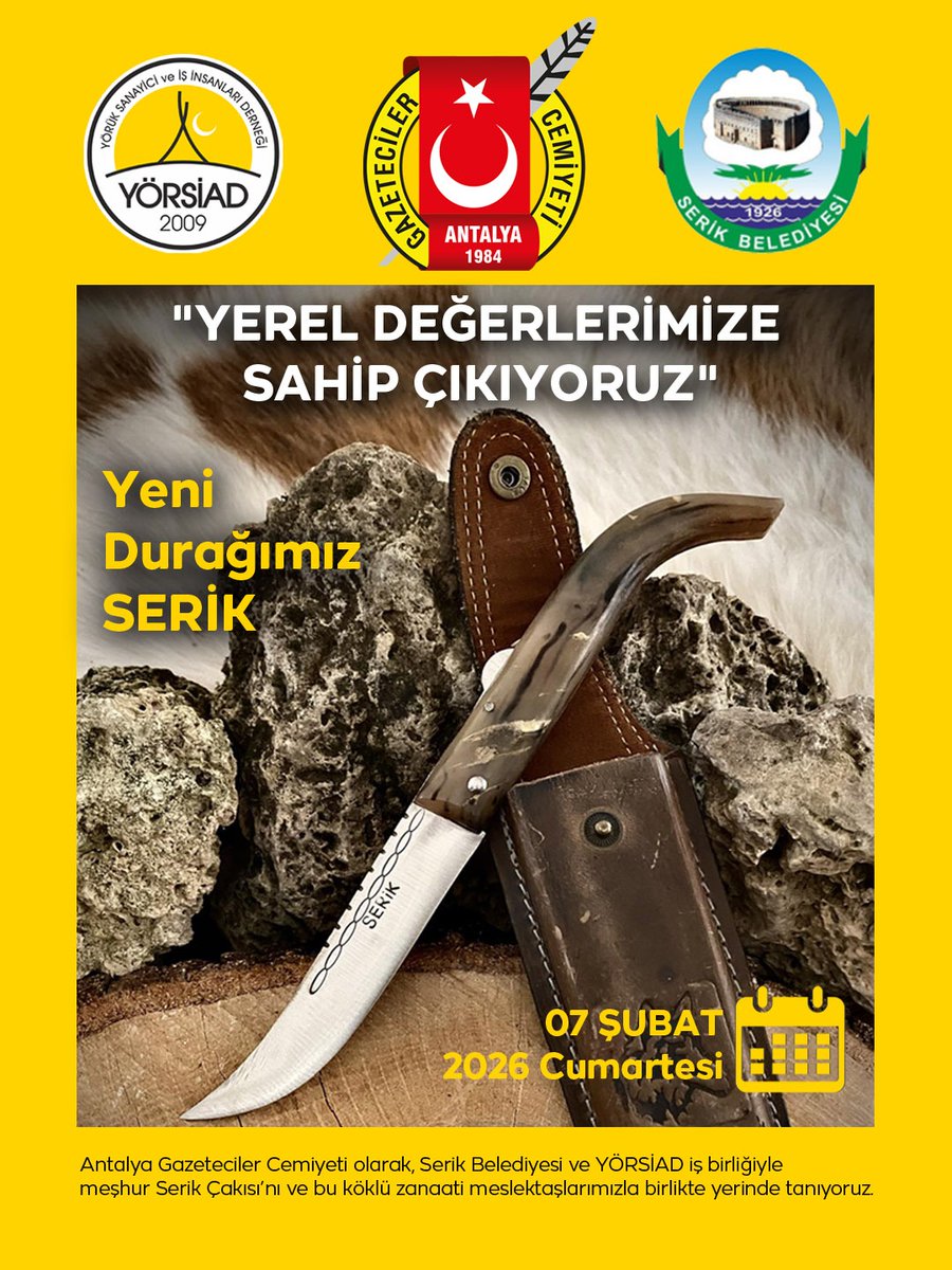 “Yerel Değerlerimize Sahip Çıkıyoruz” projemizin yeni durağı Serik! 🔪
AGC olarak, Serik Belediyesi ve YÖRSİAD iş birliğiyle Serik Çakısı’nı ve bu köklü zanaati yerinde inceliyoruz.⤵️
facebook.com/share/p/1DUtzG…
<a href="/tasidris/">İdris TAŞ</a> 
<a href="/serikbelediyesi/">SERİK BELEDİYESİ</a> 
<a href="/yorsiad1/">YÖRSİAD</a>