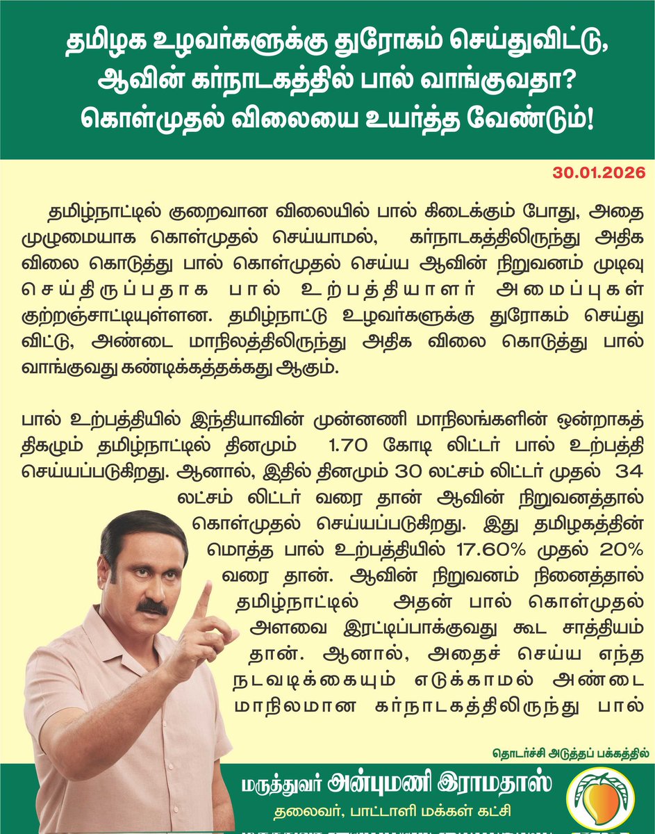 draramadoss's tweet photo. தமிழக உழவர்களுக்கு துரோகம் செய்துவிட்டு, ஆவின் கர்நாடகத்தில் பால் வாங்குவதா? கொள்முதல் விலையை உயர்த்த வேண்டும்! @CMOTamilnadu https://t.co/ZwyapwFoZt