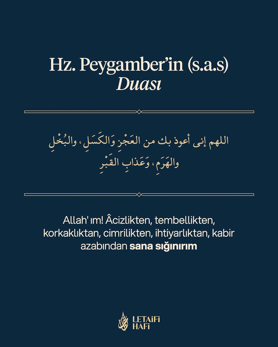 Allah'ım! Âcizlikten, tembellikten, korkaklıktan, cimrilikten, ihtiyarlıktan, kabir azabından sana sığınırım 🤲🏻

Amin