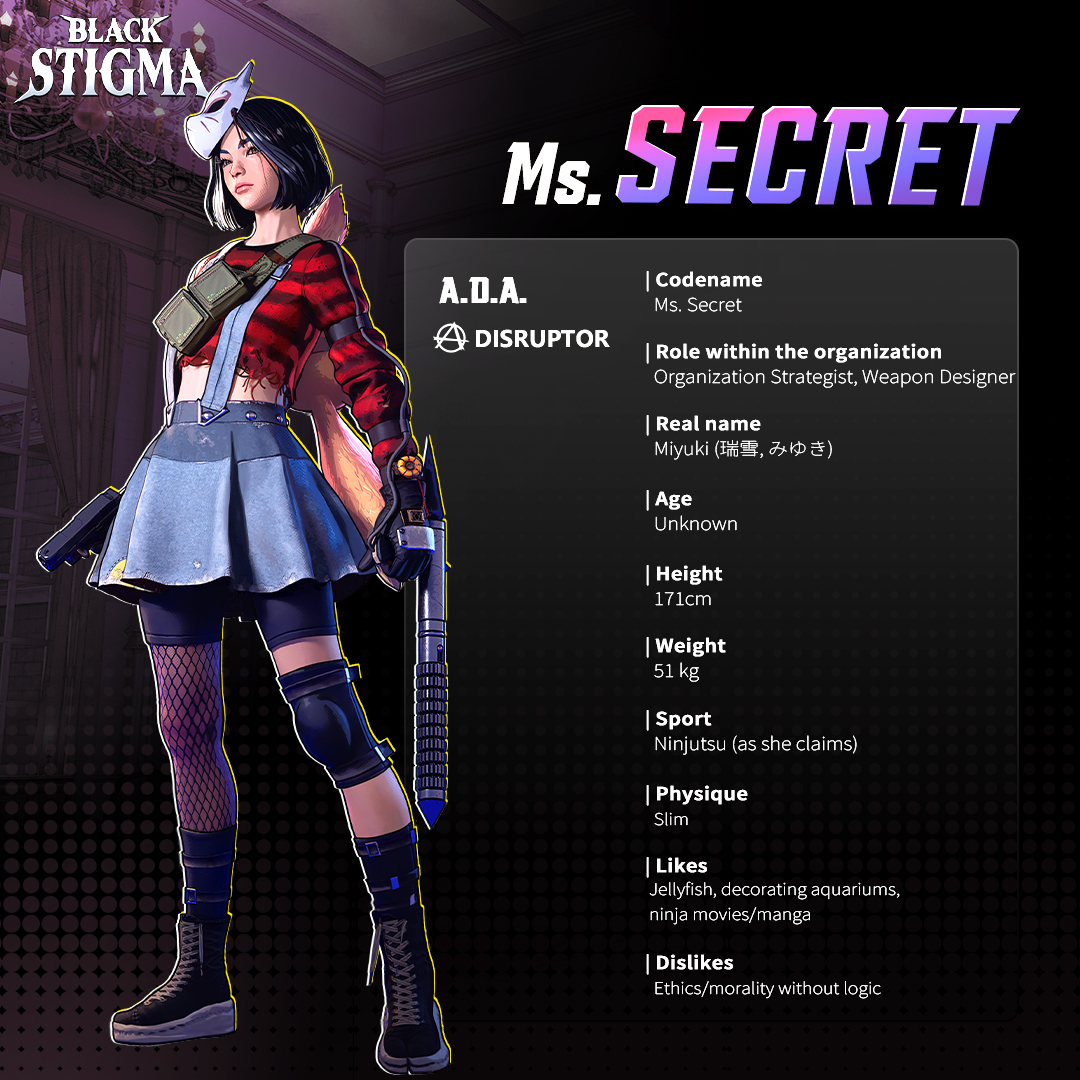 blackstigmagame's tweet photo. [BLACK STIGMA Profile]

✔️ Codename: SECRET
✔️ Organization: A.D.A.
✔️ Role Type: Disruptor

"…Always stay alert…"

She is extremely sensitive about exposing her body or face. True to her codename, she prefers to keep her identity completely hidden. She wears various traditional Japanese masks that cover her entire face.

#blackstigma #boldplaygames #steamgames #characters #profile #SECRET