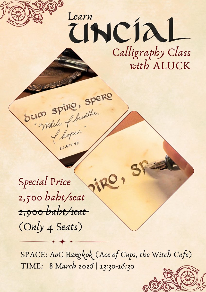 แอบมากระซิบ
คลาสแรกของอาลักษณ์
ที่ กทม. ปี 2026 นี้ค่ะ 
สอนเขียนแบบ Uncial 
รุ่นแรกนี้ รับ 4 คน!!
.
ใครสนใจ พรุ่งนี้ 11:00 โมง จะมาเปิดฟอร์มให้กรอกลงทะเบียนน้า
.
จัดที่ Ace of Cups, Witch cafe ด้วยล่ะ
