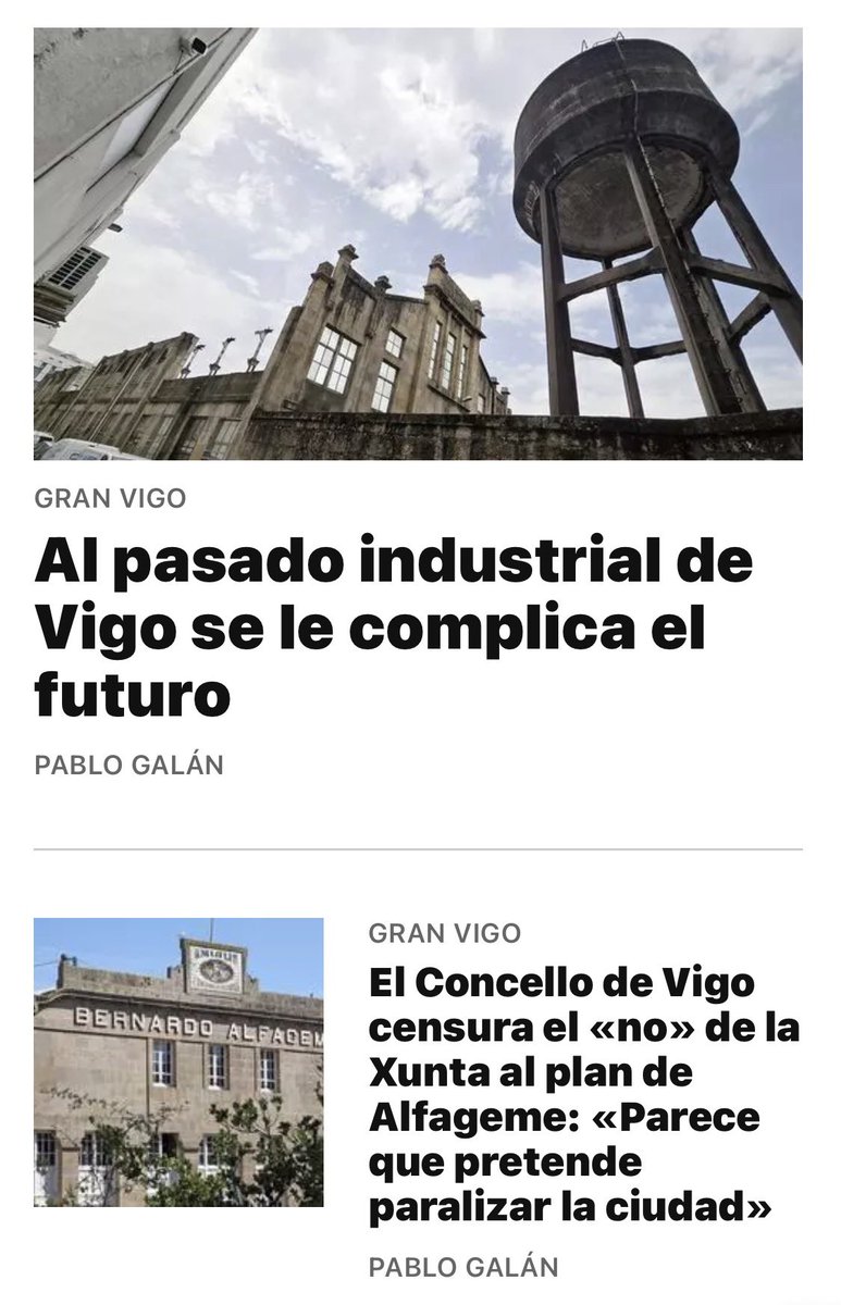 O rexeitamento do proxecto de #Alfageme pola Xunta é un pequeno éxito na salvación do Patrimonio Industrial e da Memoria Colectiva

Haberá que aprender de Finlandia, Gran Bretaña ou Portugal a NON desprezalo

<a href="/pablogalan9/">Pablo Galán Sánchez</a> <a href="/Farodevigo/">Faro de Vigo</a> <a href="/VigoIndustries/">VIGO</a> <a href="/Vigoblog/">Vigoblog</a> <a href="/coagvigo/">COAG Vigo</a> <a href="/RadioVigo/">Radio Vigo - Cadena SER</a>