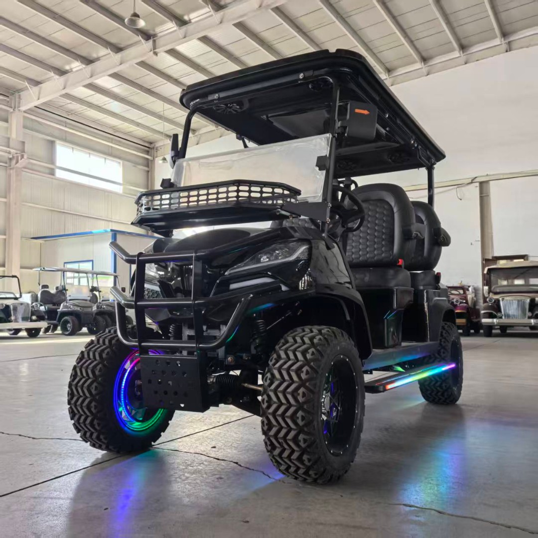 DZY_energy's tweet image. Check out this striking all-black golf cart! Perfect for resorts, campuses, or events. Tough tires, spacious seats, and eye-catching neon lights make it a must-have! 🖤✨ #GolfCartGoals #StyleOnWheels