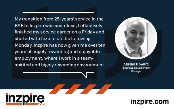InzpireLimited's tweet image. HEAR FROM OUR TEAM 💬

Our Business Development Manager for Mission Systems, Alistair 'Ster' Howard, explains what he enjoys most about life at Inzpire after 25 years' service in the Royal Air Force.

#Inzpire #InzpireLimited #DefenceCareers #WorkLifeBalance #VeteranCareers