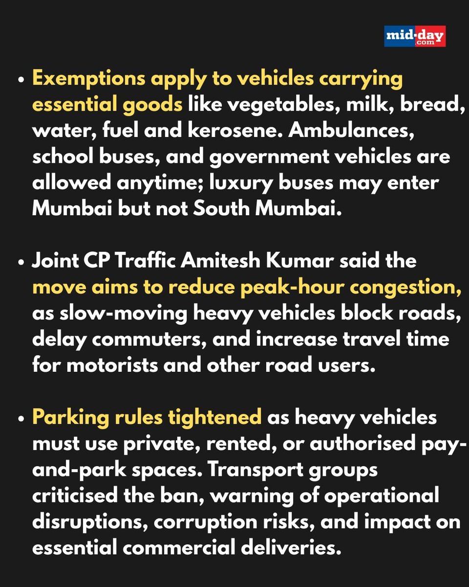 To ease traffic congestion, Mumbai Traffic Police have imposed restrictions on heavy vehicle movement from February 1. Under the new rules, heavy vehicles are barred from entering the city during peak hours to improve road safety and traffic flow.