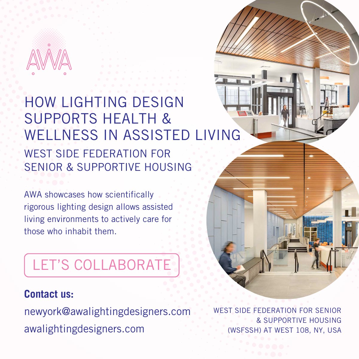 AWALight's tweet photo. When Does Lighting Design Begin to Influence Wellness in Assisted Living &amp; Supportive Housing?

Explore AWA’s work in assisted living and healthcare environments: https://t.co/wLpg2Ia5YN

Read Full Article: https://t.co/RTCcGLF5fw

Contact us now:
newyork@awalightingdesigners.com https://t.co/KM8oLRRlDU