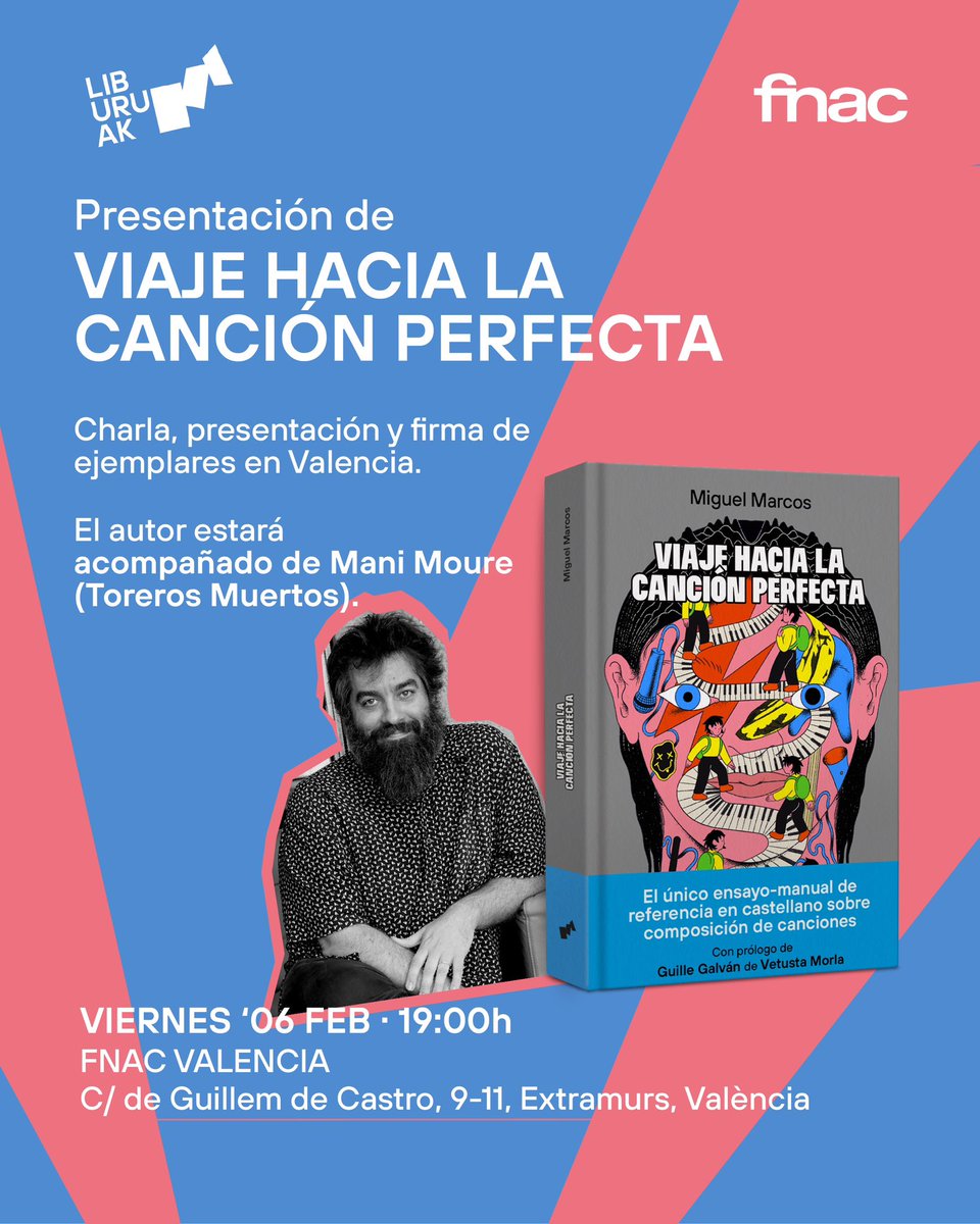 El próximo viernes 6 de febrero a las 19h estaré en el <a href="/Fnac_ESP/">Fnac España</a> de Valencia presentando “Viaje hacia la canción perfecta” con mi querido Mani Moure (Los Toreros Muertos). 

<a href="/liburuak_libros/">liburuak_libros</a> <a href="/industriasbala/">industriasbala</a>