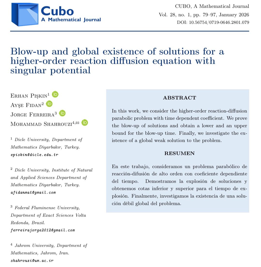 Elhamdülillah yeni makalemiz basıldı.👍🧿🧮

Şili'de La Frontera Üniversitesi tarafından 41 yıldır yayın yapan bir dergi...

Gönderilme tarihi: 16.10.2024
Kabul tarihi: 27.10.2025
Basım tarihi: 2026 

cubo.ufro.cl/index.php/cubo…

#Matematik #Bilim