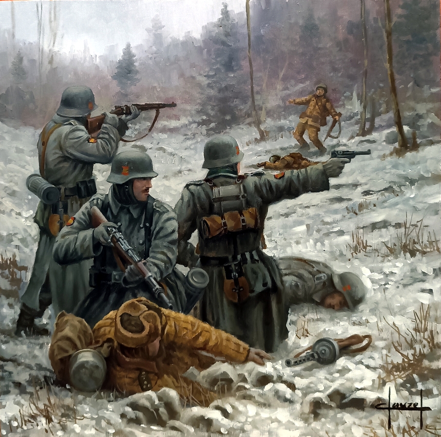 Krasny Bor, febrero de 1943.
Óleo sobre tabla, 30 x 30 cm.
Voluntarios españoles sosteniendo sus posiciones frente a fuerzas muy superiores durante una de las acciones más duras del frente de Leningrado.
Obra disponible. Interesados, mensaje privado.