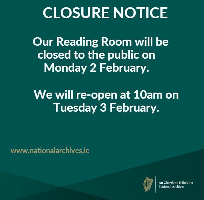 NARIreland's tweet photo. Closure notice for the public holiday on Monday 2 February. @DeptCultureIRL https://t.co/YuV4fpsdJ6