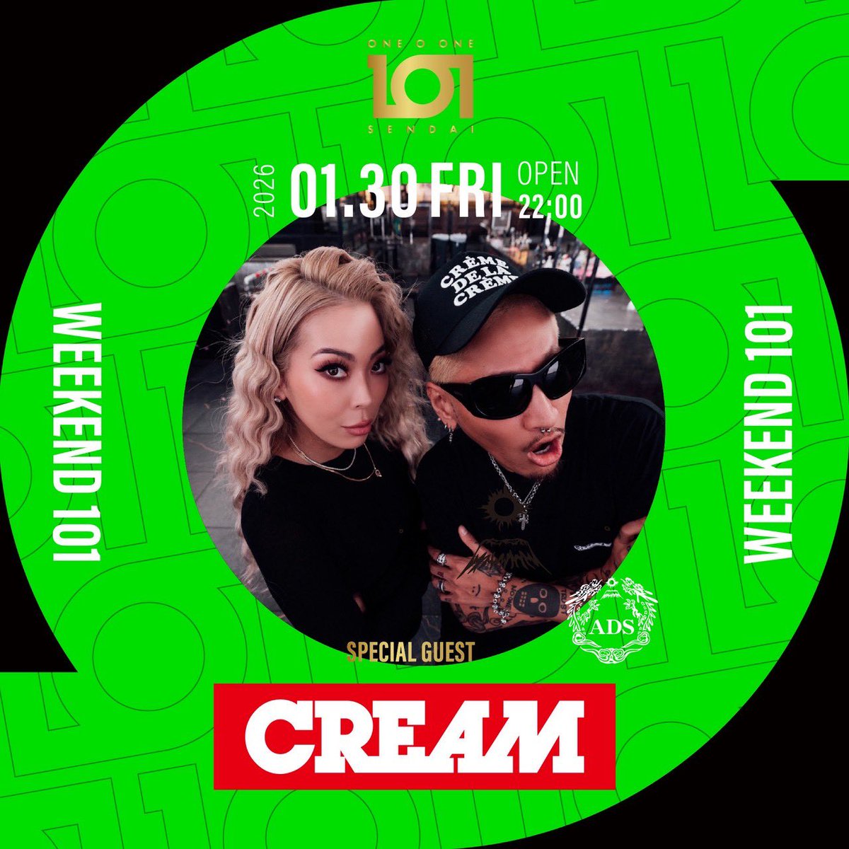 101_sendai's tweet photo. TONIGHT

2026.01.30 FRI 22:00 OPEN

-SPECIAL GUEST LIVE-
【CREAM】
@minamixxminami @staxxt_cream 

1MC&amp;1ボーカルの音楽ユニットであり、常にシーンの最前線において揺るがない絶大な人気を誇るアーティスト『CREAM』が登場🤩🌈

#東北最強 #101仙台 #101sendai
#ナイトクラブ #クラブ https://t.co/o3daad1FDs